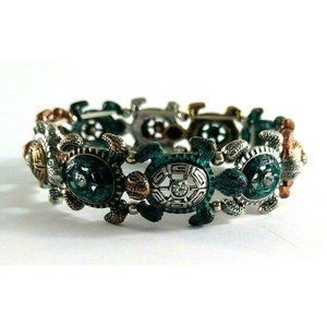 Pammy J Turtle Bracelet Metal W Rhinestones Stretch Multicolor Two Tone Beach